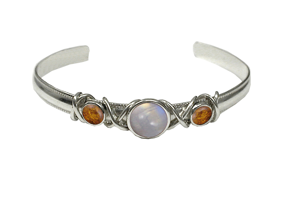 Sterling Silver Hand Made Cuff Bracelet With Rainbow Moonstone And Amber